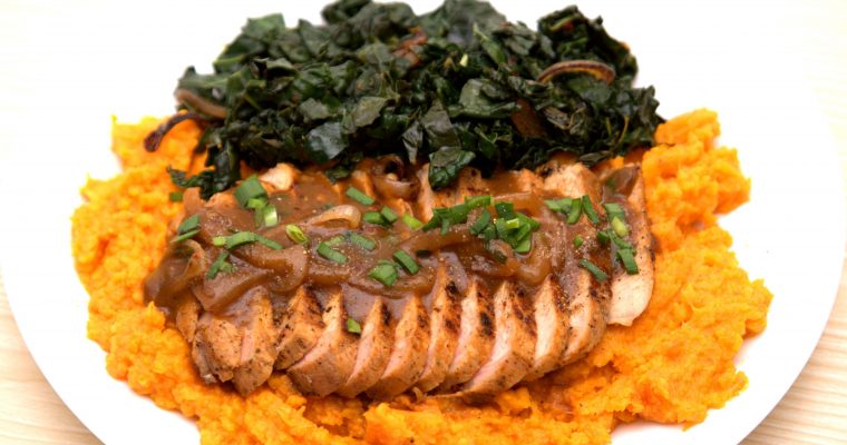 Seared Pork Chops, Kale, and Maple Butter Gravy