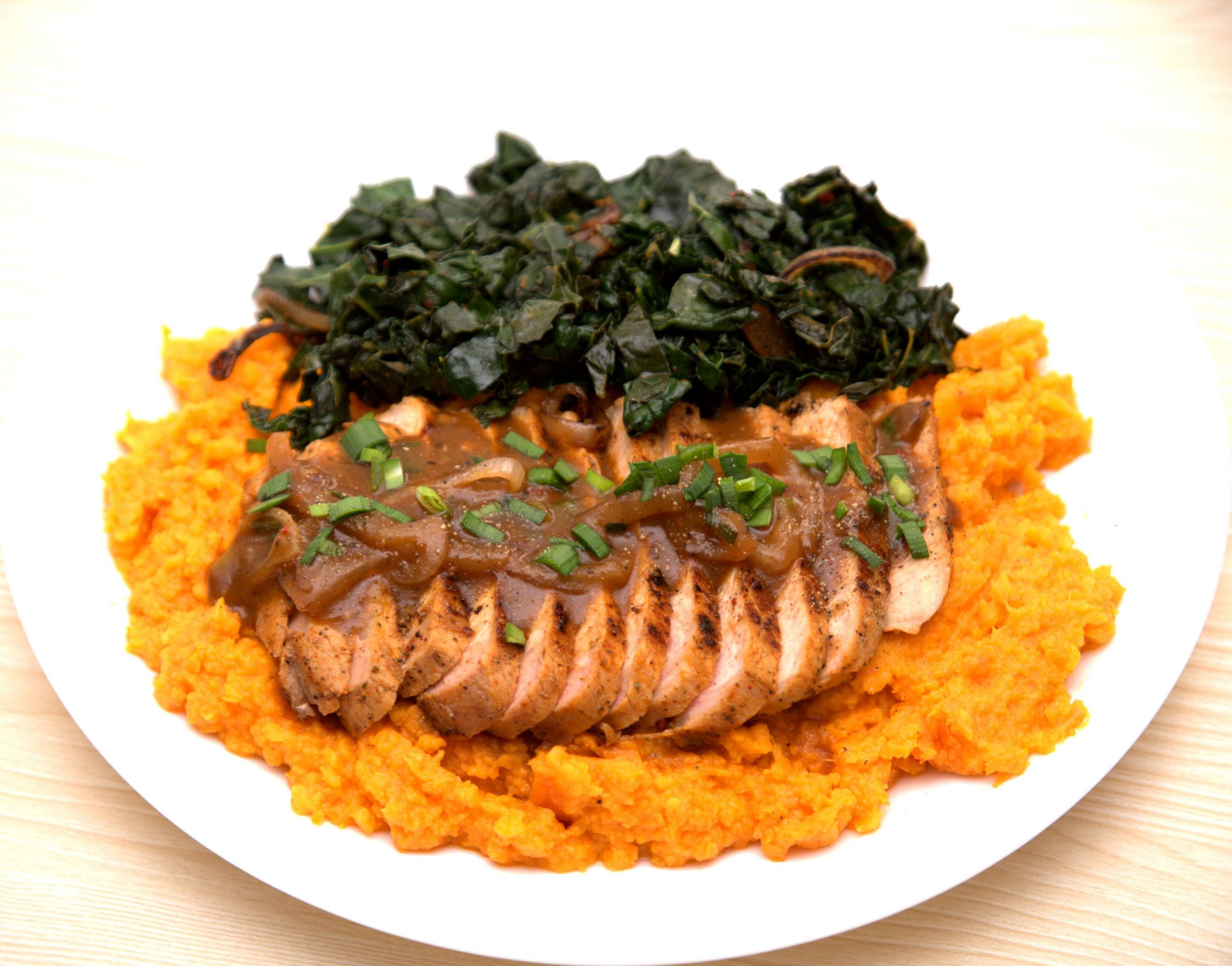 Seared Pork Chops, Kale, and Maple Butter Gravy
